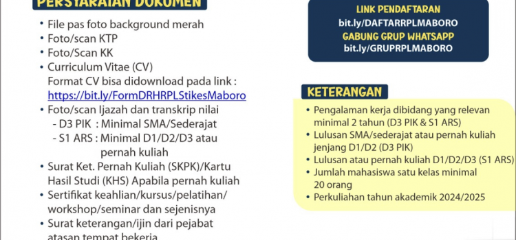 PENDAFTARAN PROGRAM RPL STIKES MABORO TAHUN 2024 DIPERPANJANG