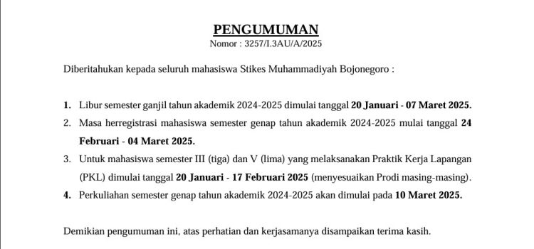 PENGUMUMAN LIBUR SEMESTER GANJIL TA. 2024-2025