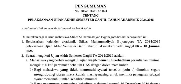 PENGUMUMAN TENTANG PELAKSANAAN UJIAN AKHIR SEMESTER GANJIL TAHUN AKADEMIK 2024/2025