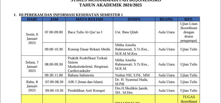 JADWAL UAS SEMESTER GANJIL STIKES MUHAMMADIYAH BOJONEGORO TAHUN AKADEMIK 2024/2025